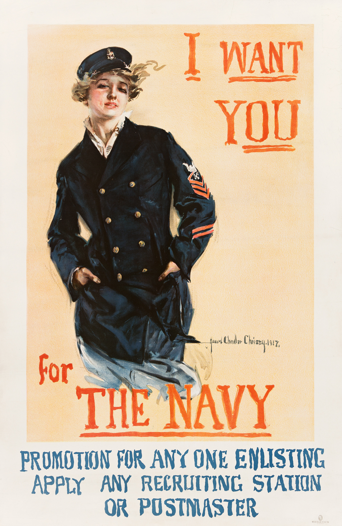 HOWARD CHANDLER CHRISTY (1873-1952).  I WANT YOU FOR THE NAVY. 1917. 41½x27 inches, 105½x68½ cm. Forbes, Boston.